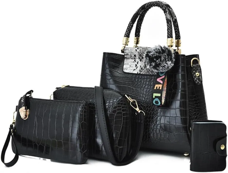 Women Purse Handbag 4pcs Faux Leather Satchel Crocodile Pattern Shoulder Bags Clutch Card Holder