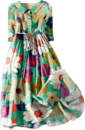 Women Summer Dress Casual 2025 Trendy Lace Up Long Sundress Button Boho Sun Dresses Vacation Beach Flowy Dress