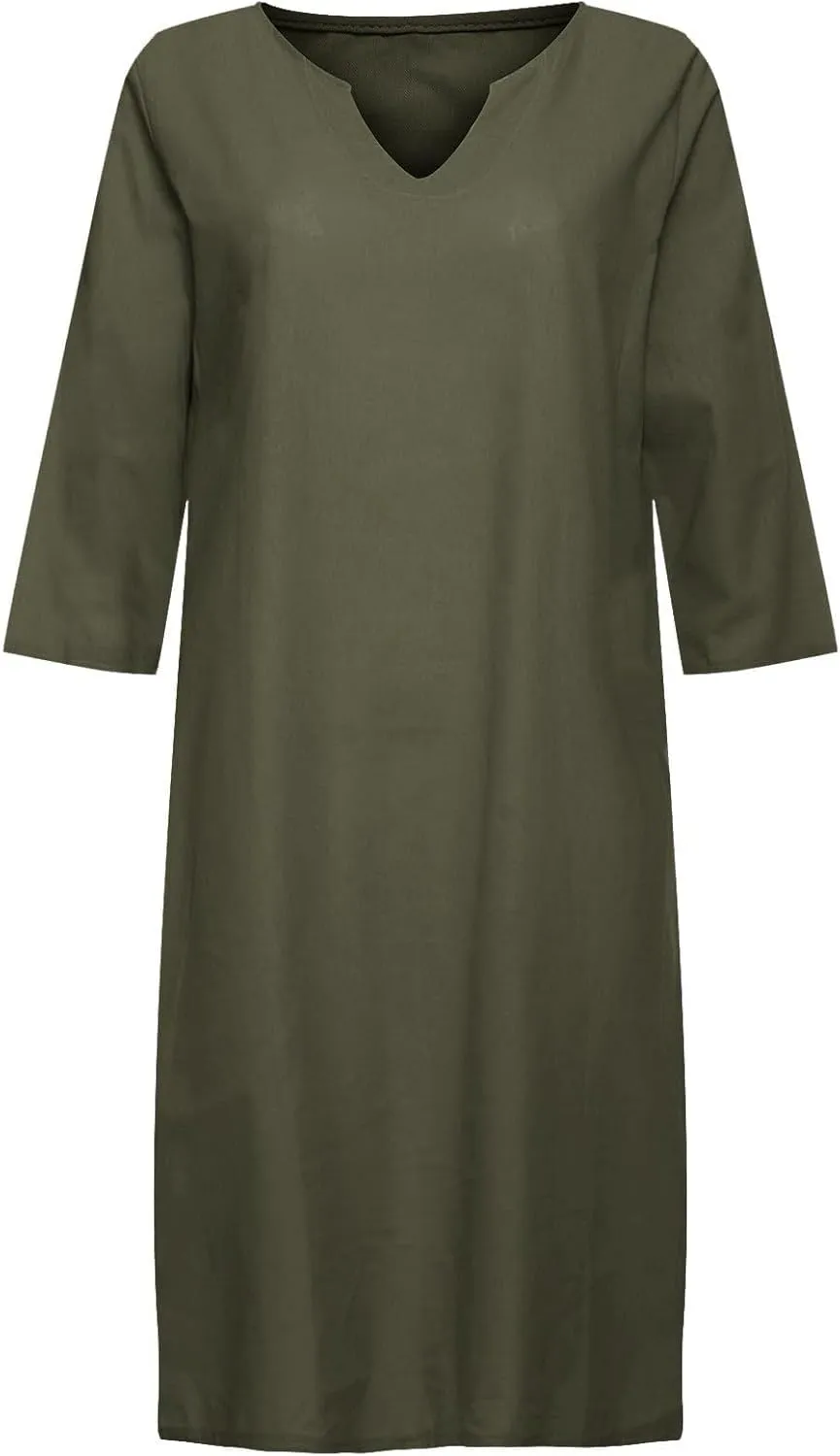 Women Summer Midi Shirt Dresses V Neck Linen Dress Summer Half Sleeve Knee Length Shift Dress Lapel Casual Cotton Linen Dress