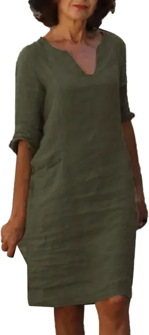Women Summer Midi Shirt Dresses V Neck Linen Dress Summer Half Sleeve Knee Length Shift Dress Lapel Casual Cotton Linen Dress