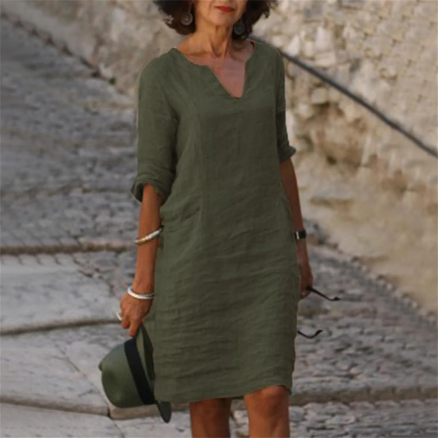 Women Summer Midi Shirt Dresses V Neck Linen Dress Summer Half Sleeve Knee Length Shift Dress Lapel Casual Cotton Linen Dress