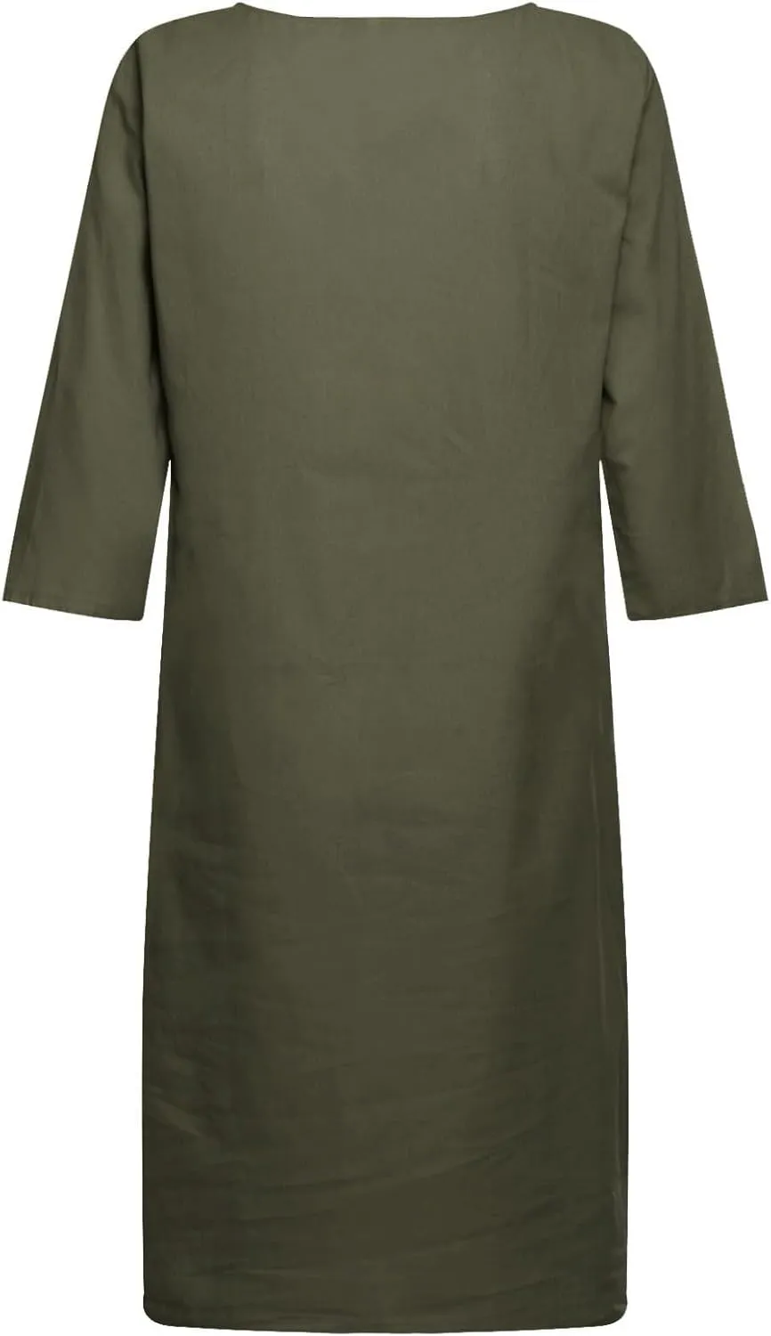 Women Summer Midi Shirt Dresses V Neck Linen Dress Summer Half Sleeve Knee Length Shift Dress Lapel Casual Cotton Linen Dress