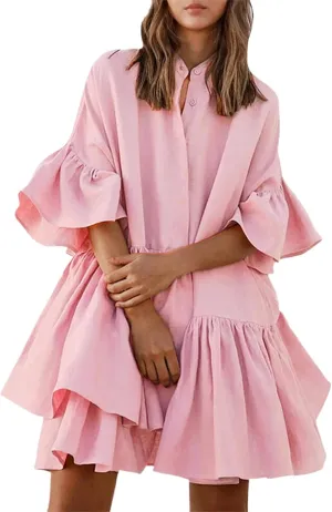 Women Summer Spring V Neck Ruffle Chiffon Elegant Empire Waist Mini Short Swing Skater Dresses Dress Casual Loose Sundresses