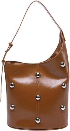 Women Trendy Shoulder Bag Large Capacity Riveted Bucket Bag Vintage Underarm Bag Satchel Purse Shopping Bag Travel Bag