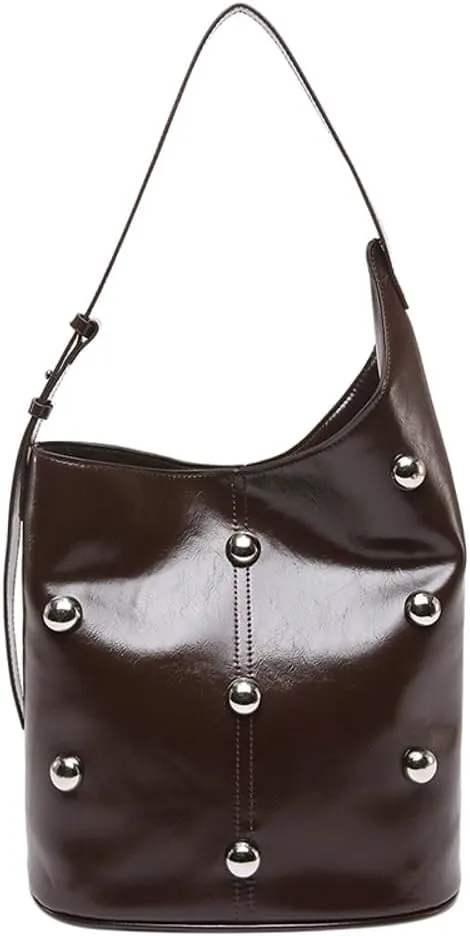Women Trendy Shoulder Bag Large Capacity Riveted Bucket Bag Vintage Underarm Bag Satchel Purse Shopping Bag Travel Bag