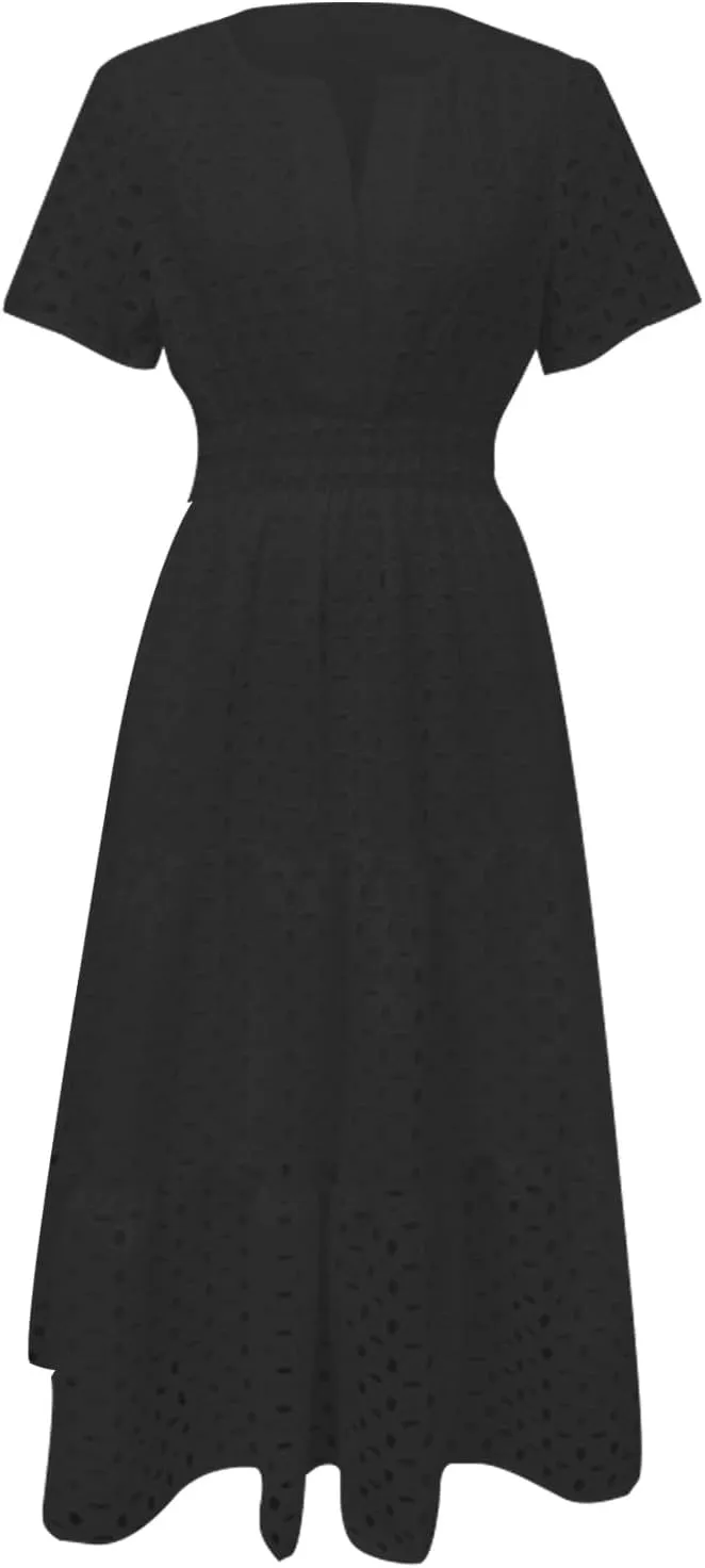 Women's 2025 Summer Maxi Dress Short Sleeve V Neck Hollow Out Casual Eyelet Ruffle Swing A Line Boho Long Dresses