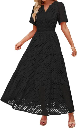 Women's 2025 Summer Maxi Dress Short Sleeve V Neck Hollow Out Casual Eyelet Ruffle Swing A Line Boho Long Dresses