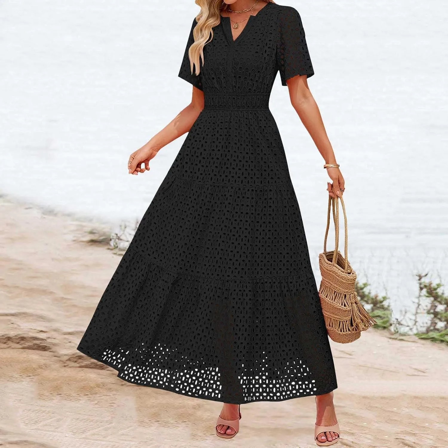 Women's 2025 Summer Maxi Dress Short Sleeve V Neck Hollow Out Casual Eyelet Ruffle Swing A Line Boho Long Dresses