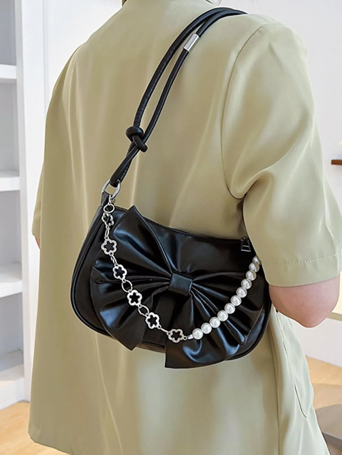 Women's Bow Underarm Bag PU Leather Hobo Bags Clutch Shoulder Pearl Chain Strap Handbag