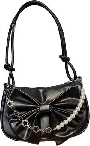 Women's Bow Underarm Bag PU Leather Hobo Bags Clutch Shoulder Pearl Chain Strap Handbag