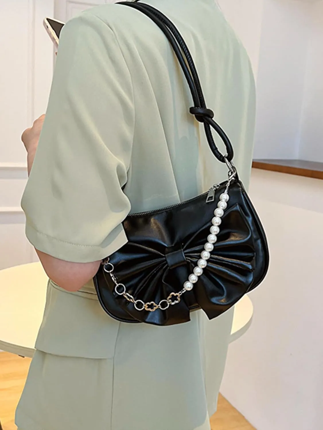 Women's Bow Underarm Bag PU Leather Hobo Bags Clutch Shoulder Pearl Chain Strap Handbag