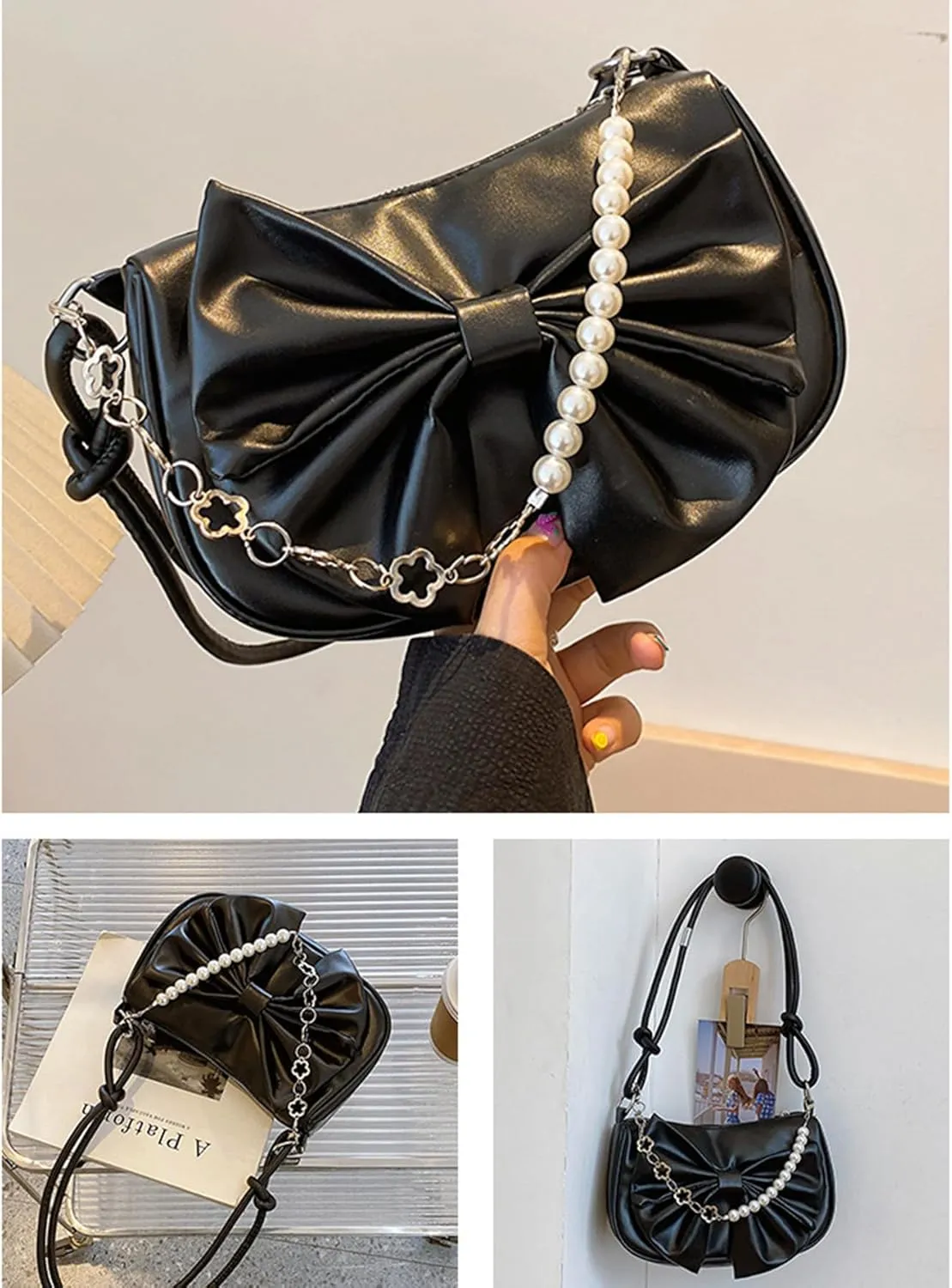 Women's Bow Underarm Bag PU Leather Hobo Bags Clutch Shoulder Pearl Chain Strap Handbag