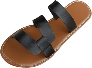 Women's Buckle Sandals Summer Slides Open Toe Beach Outdoor Sandal Shoes Ladies Simple Solid Colour Outer Thick Bottom Large Size Leather Slide Slip On Flat Casual Indoor Dressy Slippers