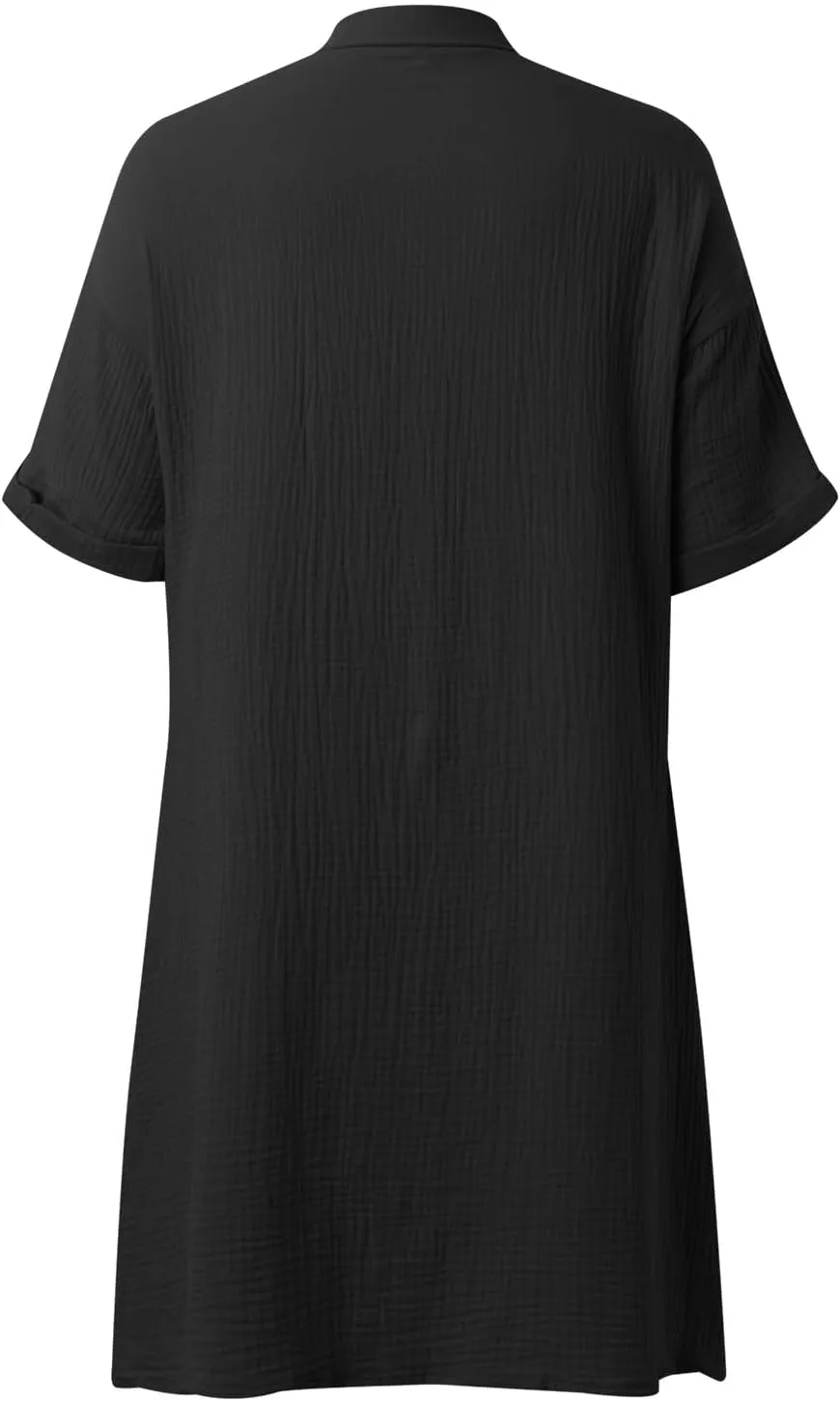 Womens Button Down Shirt Dress Summer Cotton Linen Dress V-Neck Mini Dress Casual Short Sleeve Loose Tunic Dresses