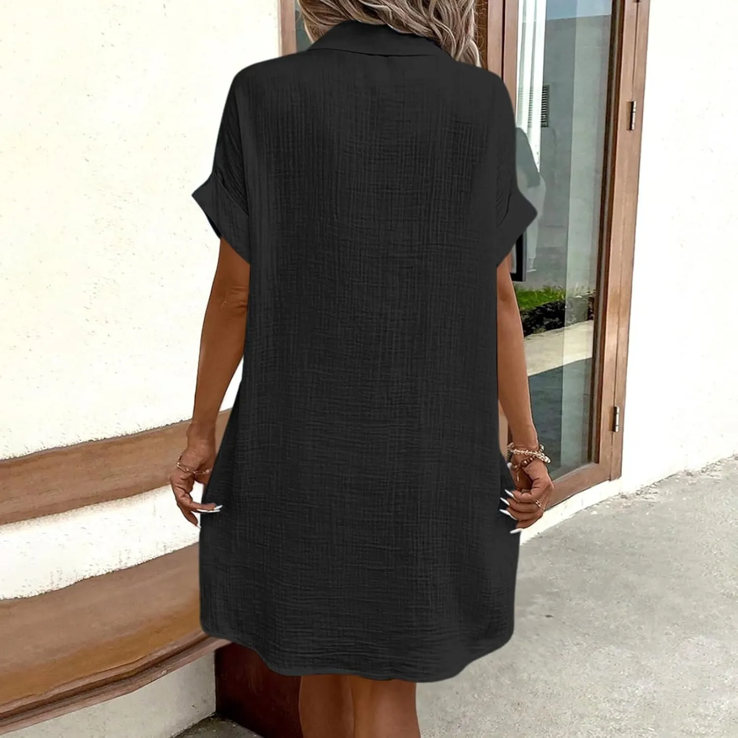 Womens Button Down Shirt Dress Summer Cotton Linen Dress V-Neck Mini Dress Casual Short Sleeve Loose Tunic Dresses