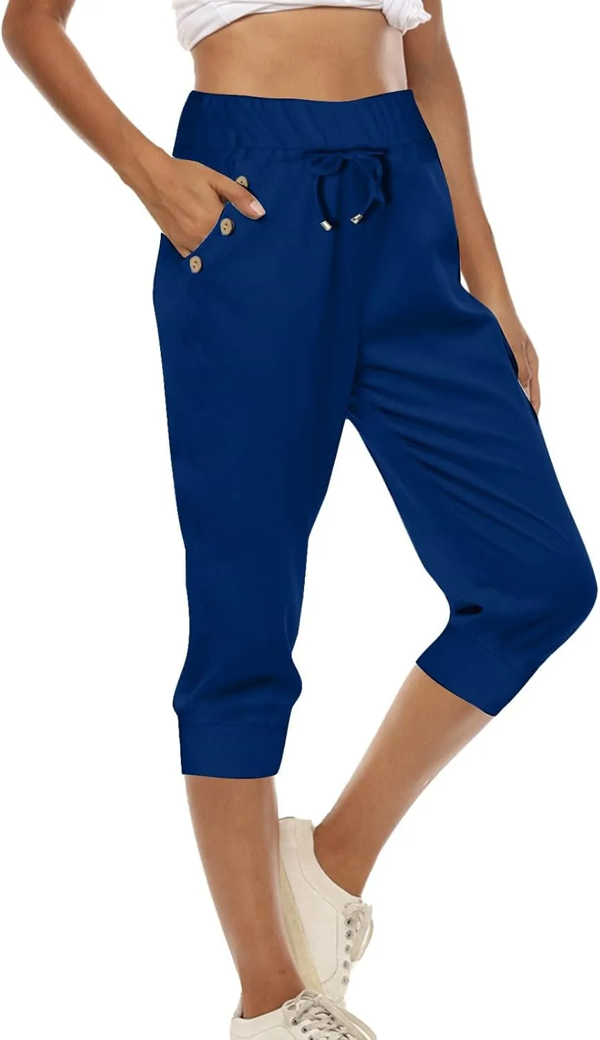 Womens Capri Trousers High Waisted Drawstring Sweatpants Cropped Pants with Button Pocket Trouser 3/4 Length Bottoms