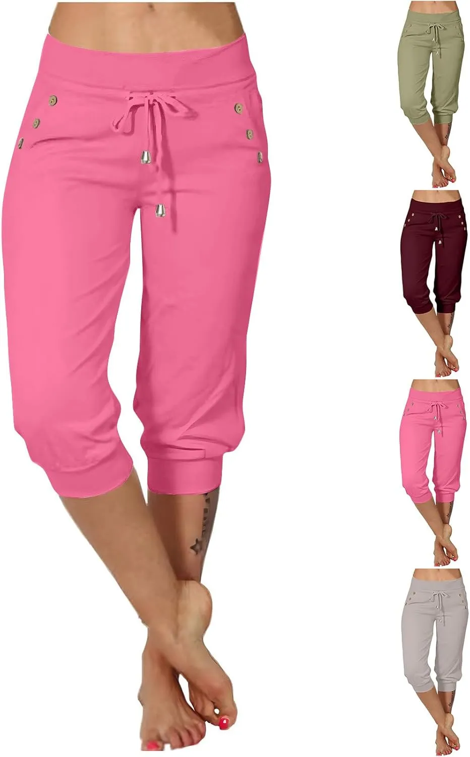 Womens Capri Trousers High Waisted Drawstring Sweatpants Cropped Pants with Button Pocket Trouser 3/4 Length Bottoms
