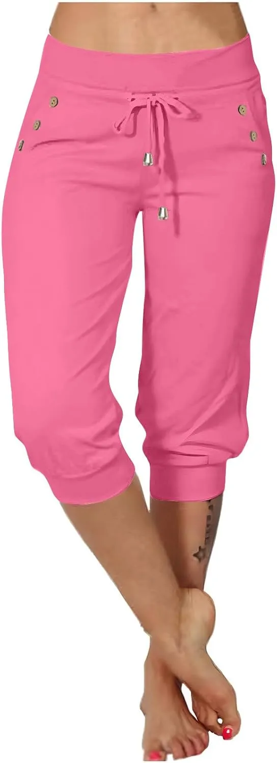 Womens Capri Trousers High Waisted Drawstring Sweatpants Cropped Pants with Button Pocket Trouser 3/4 Length Bottoms