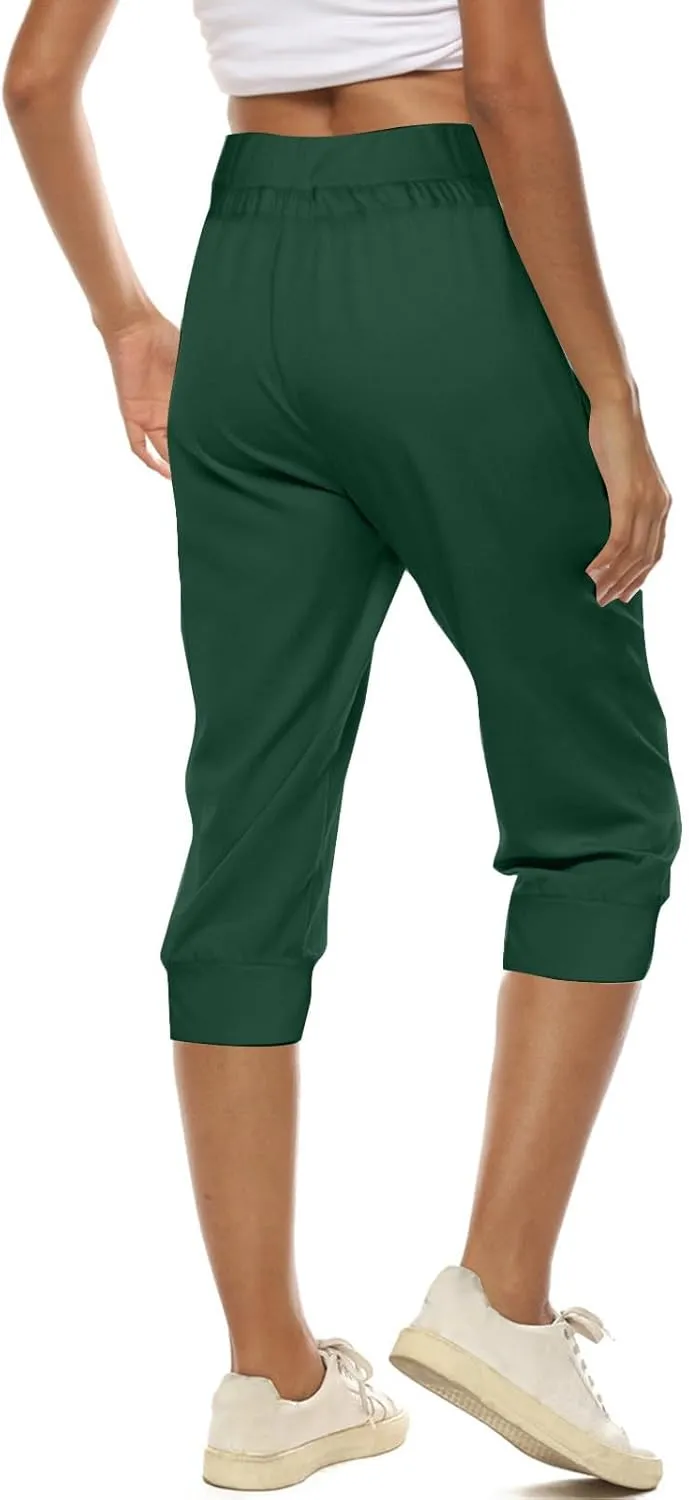 Womens Capri Trousers High Waisted Drawstring Sweatpants Cropped Pants with Button Pocket Trouser 3/4 Length Bottoms