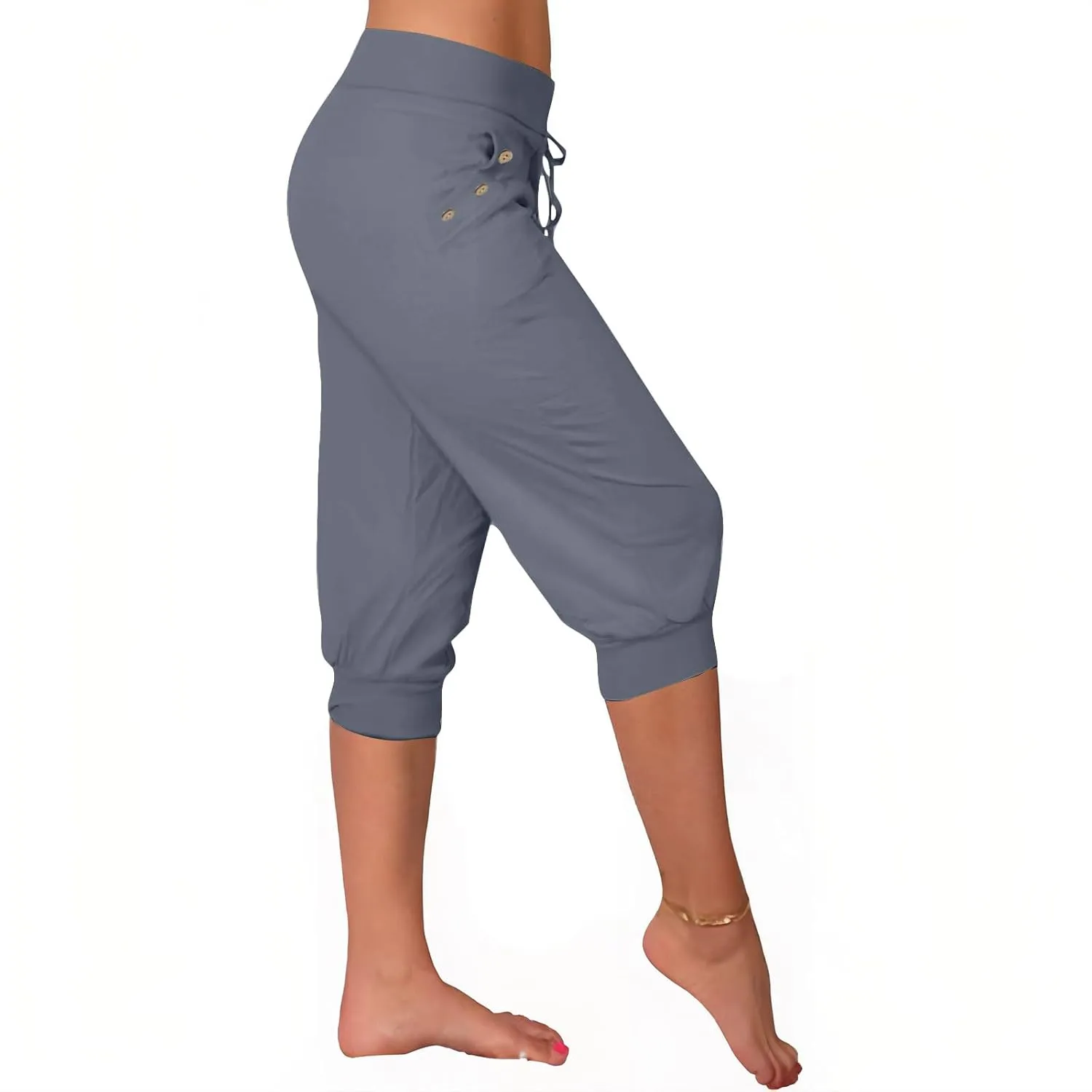 Womens Capri Trousers High Waisted Drawstring Sweatpants Cropped Pants with Button Pocket Trouser 3/4 Length Bottoms