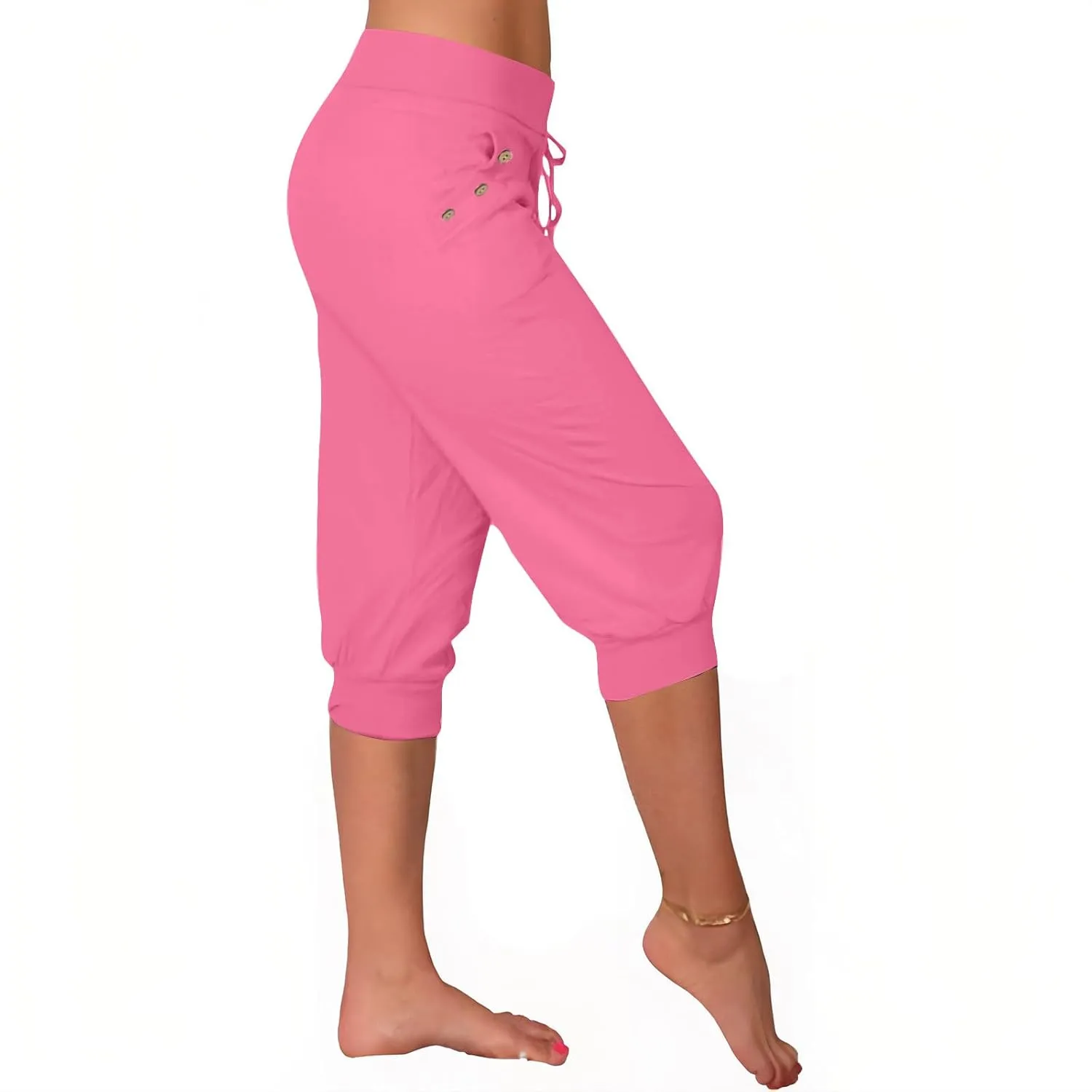 Womens Capri Trousers High Waisted Drawstring Sweatpants Cropped Pants with Button Pocket Trouser 3/4 Length Bottoms
