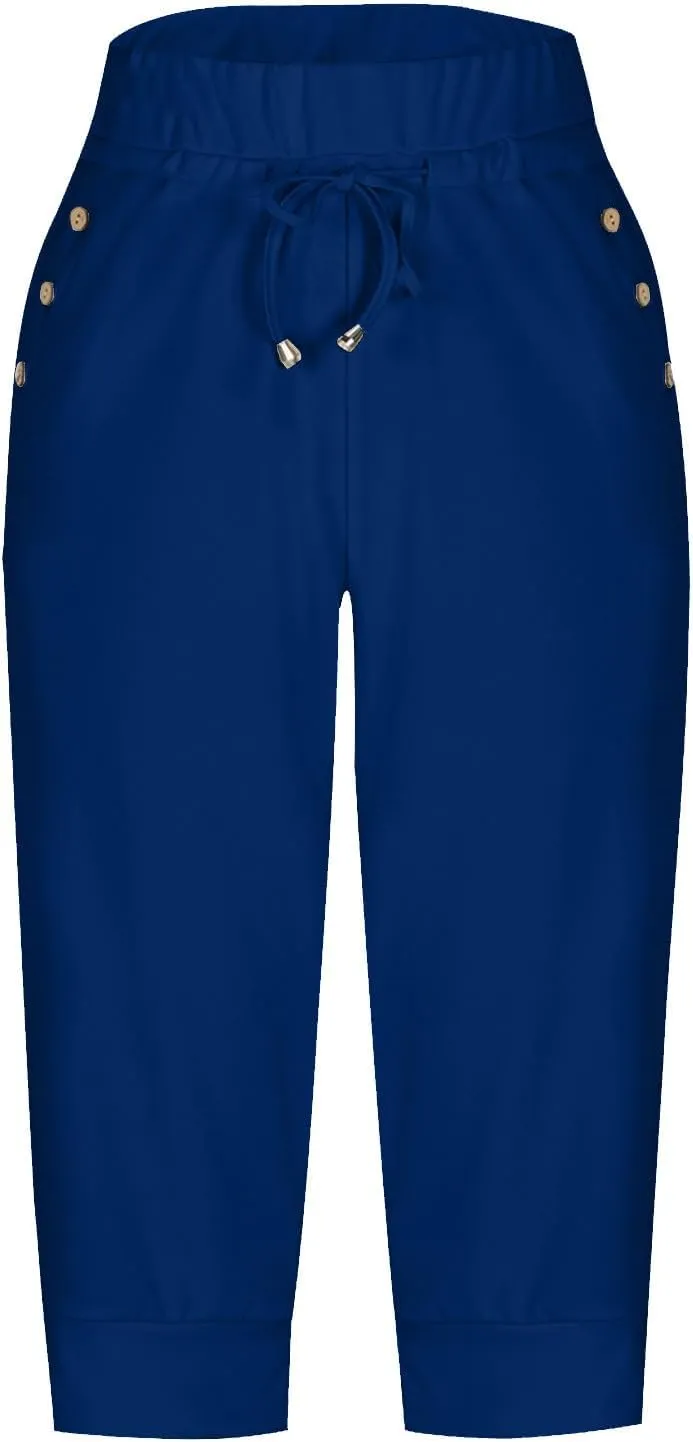 Womens Capri Trousers High Waisted Drawstring Sweatpants Cropped Pants with Button Pocket Trouser 3/4 Length Bottoms