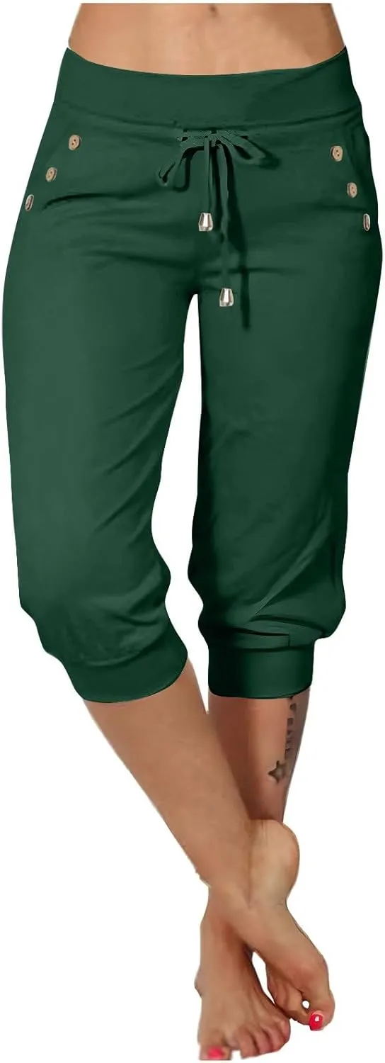 Womens Capri Trousers High Waisted Drawstring Sweatpants Cropped Pants with Button Pocket Trouser 3/4 Length Bottoms