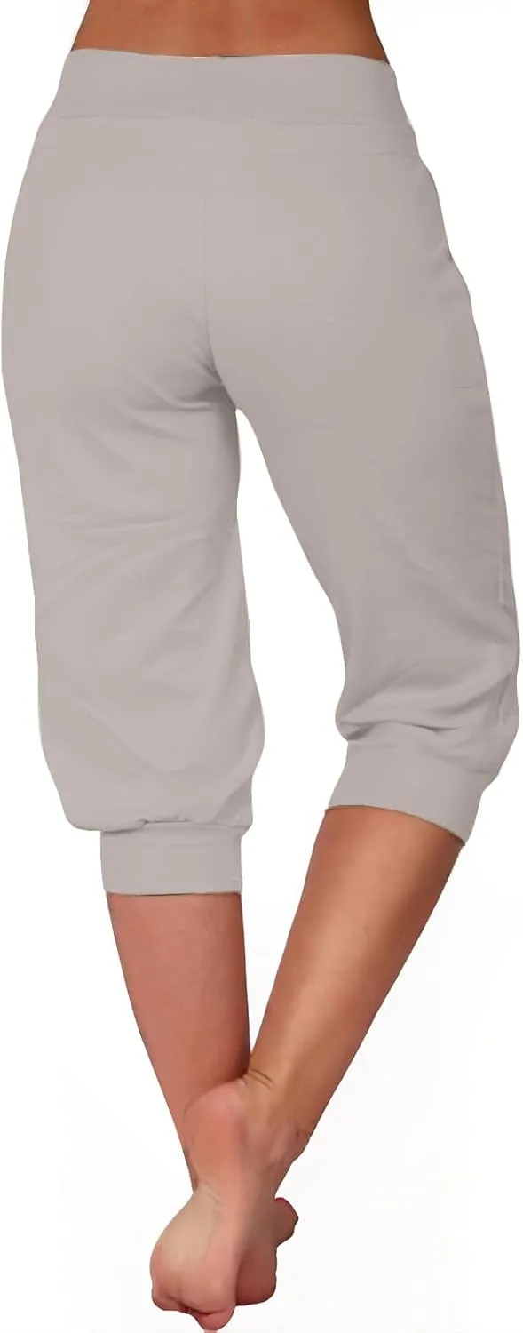 Womens Capri Trousers High Waisted Drawstring Sweatpants Cropped Pants with Button Pocket Trouser 3/4 Length Bottoms