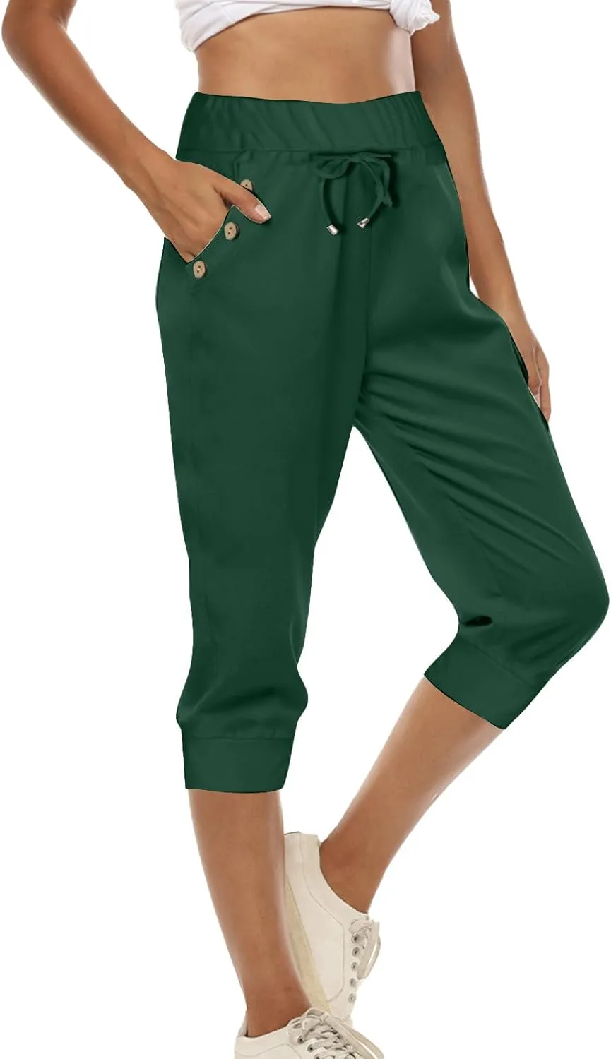 Womens Capri Trousers High Waisted Drawstring Sweatpants Cropped Pants with Button Pocket Trouser 3/4 Length Bottoms