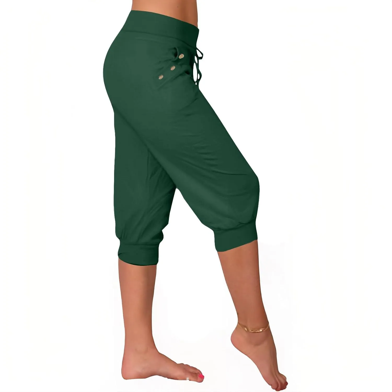 Womens Capri Trousers High Waisted Drawstring Sweatpants Cropped Pants with Button Pocket Trouser 3/4 Length Bottoms