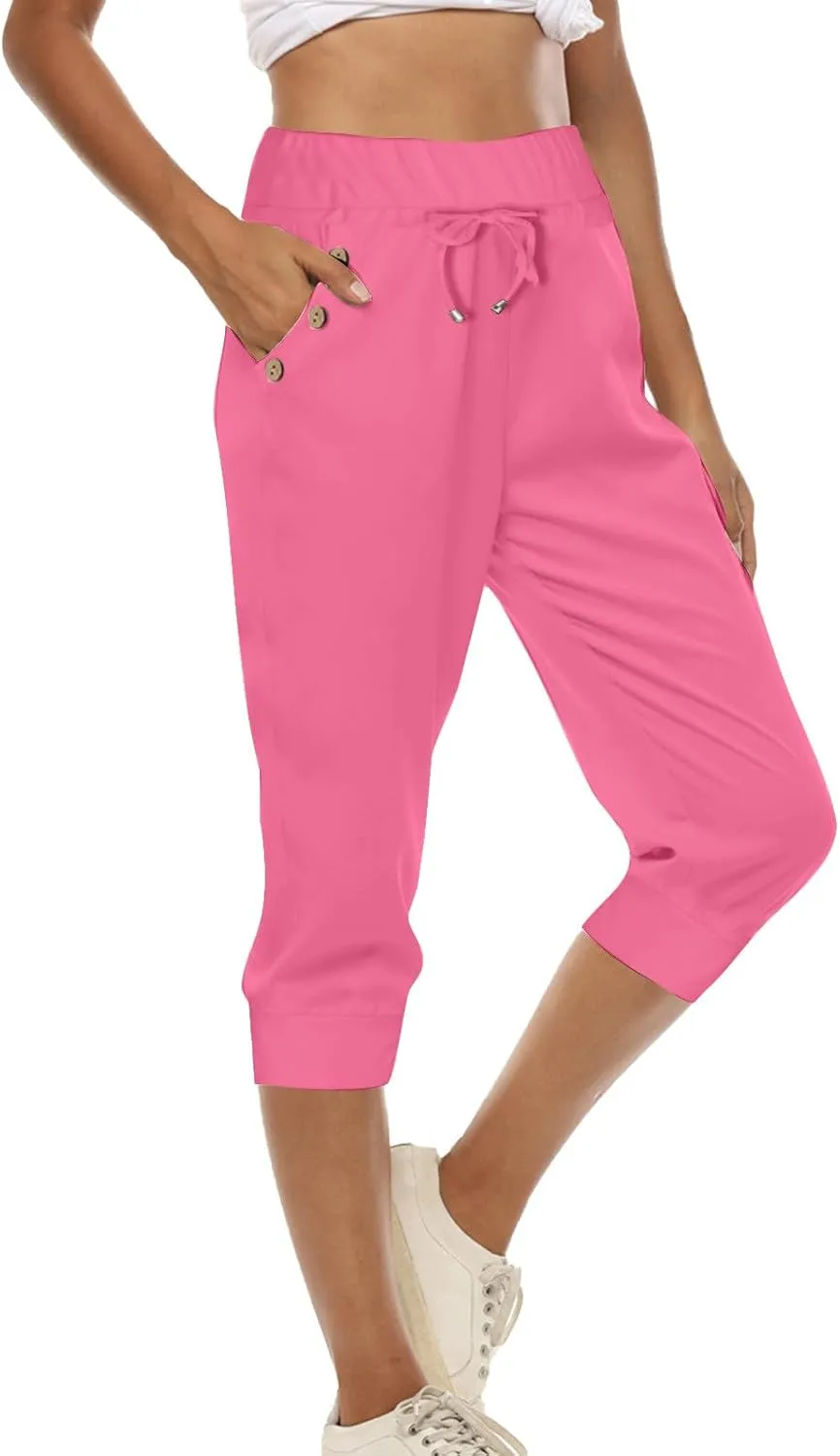 Womens Capri Trousers High Waisted Drawstring Sweatpants Cropped Pants with Button Pocket Trouser 3/4 Length Bottoms