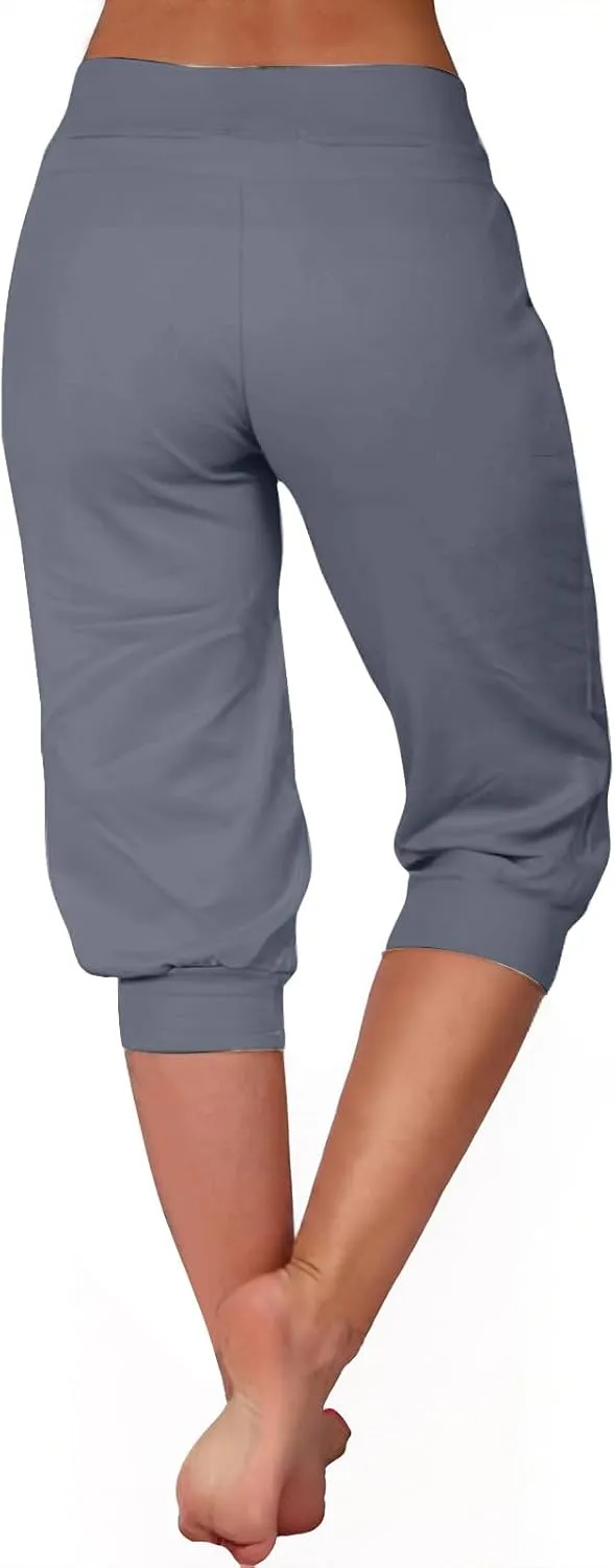 Womens Capri Trousers High Waisted Drawstring Sweatpants Cropped Pants with Button Pocket Trouser 3/4 Length Bottoms