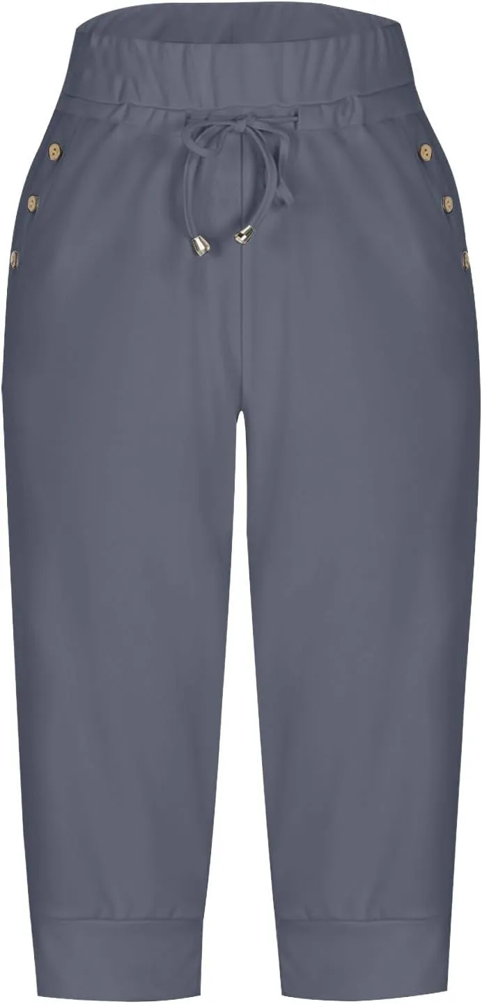 Womens Capri Trousers High Waisted Drawstring Sweatpants Cropped Pants with Button Pocket Trouser 3/4 Length Bottoms