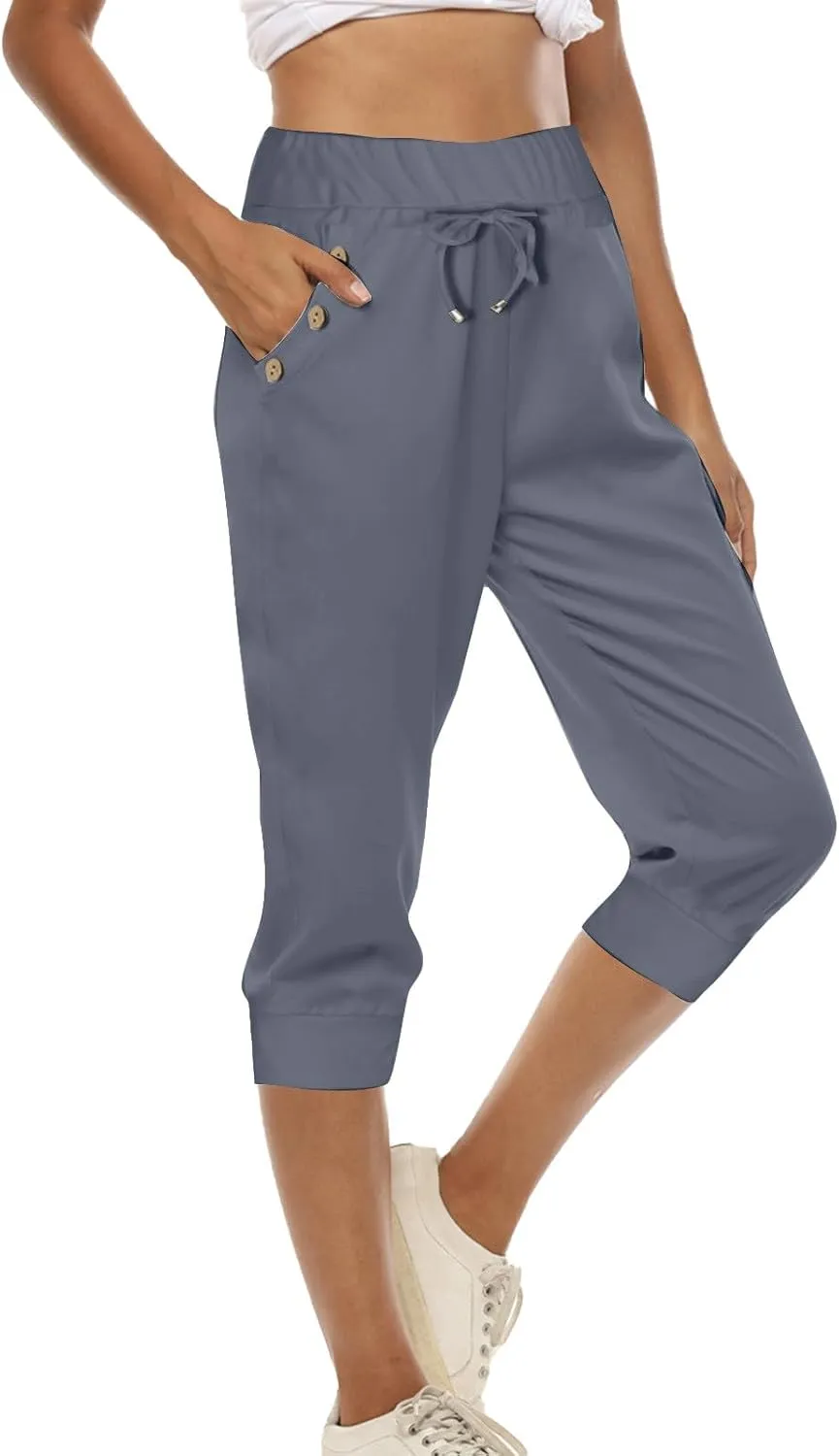 Womens Capri Trousers High Waisted Drawstring Sweatpants Cropped Pants with Button Pocket Trouser 3/4 Length Bottoms