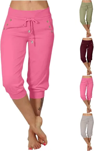 Womens Capri Trousers High Waisted Drawstring Sweatpants Cropped Pants with Button Pocket Trouser 3/4 Length Bottoms