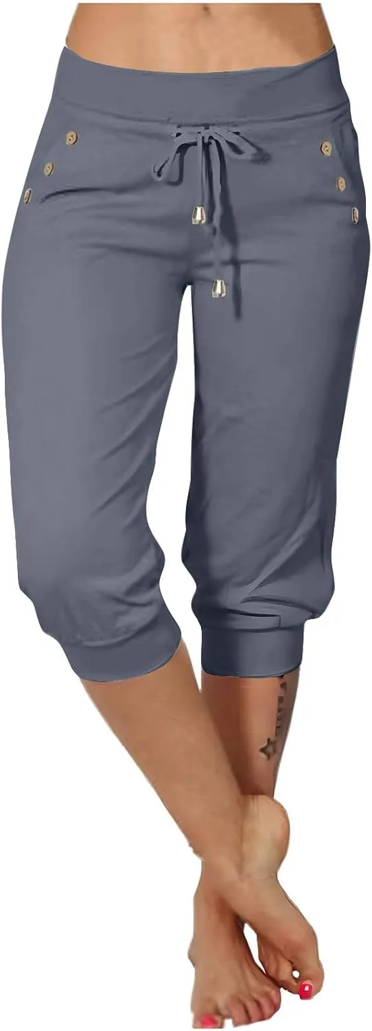 Womens Capri Trousers High Waisted Drawstring Sweatpants Cropped Pants with Button Pocket Trouser 3/4 Length Bottoms