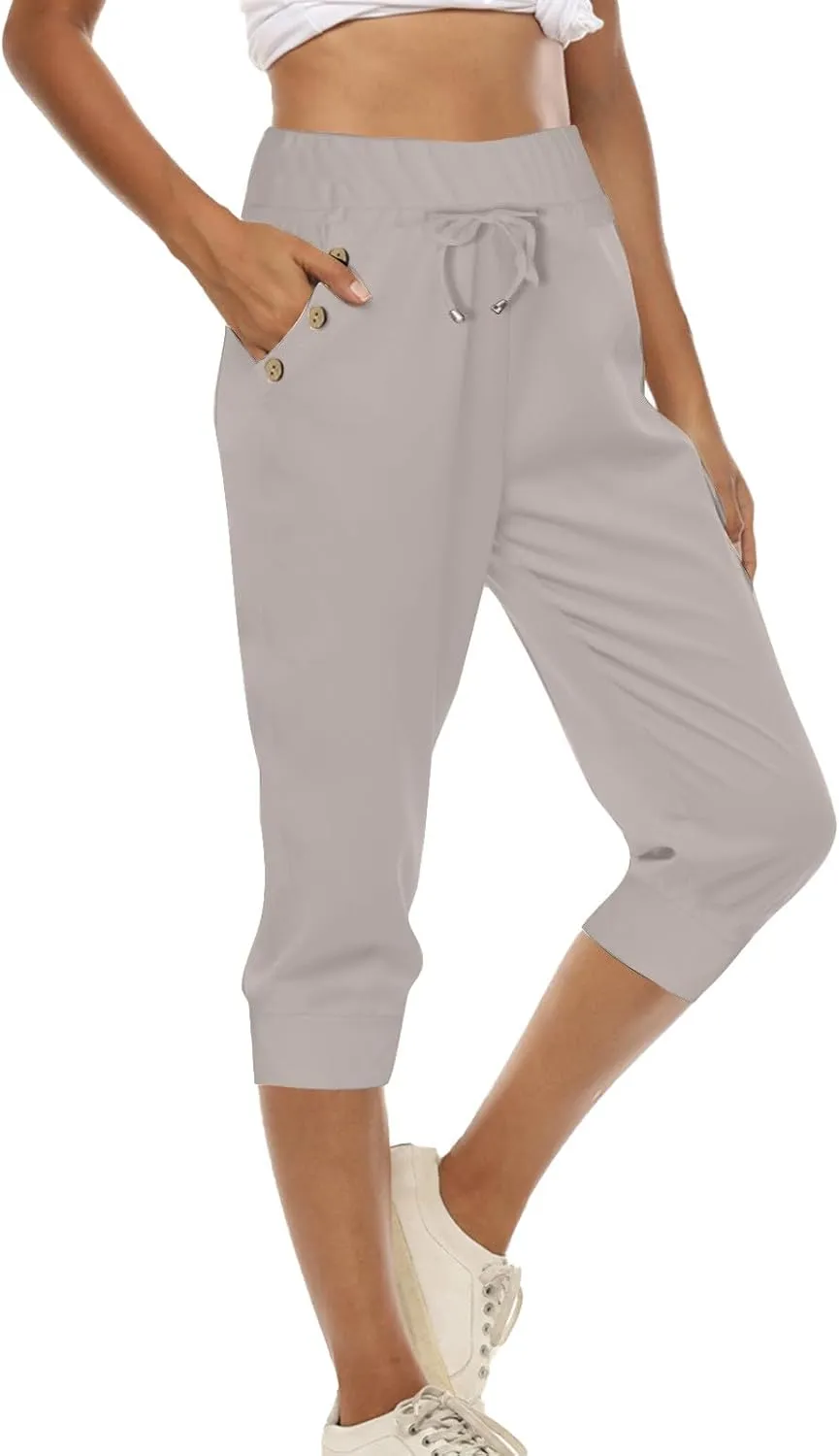 Womens Capri Trousers High Waisted Drawstring Sweatpants Cropped Pants with Button Pocket Trouser 3/4 Length Bottoms