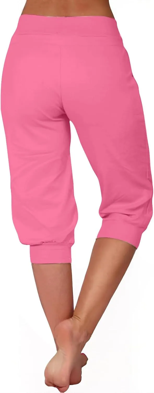 Womens Capri Trousers High Waisted Drawstring Sweatpants Cropped Pants with Button Pocket Trouser 3/4 Length Bottoms