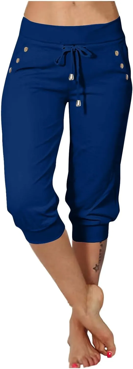 Womens Capri Trousers High Waisted Drawstring Sweatpants Cropped Pants with Button Pocket Trouser 3/4 Length Bottoms