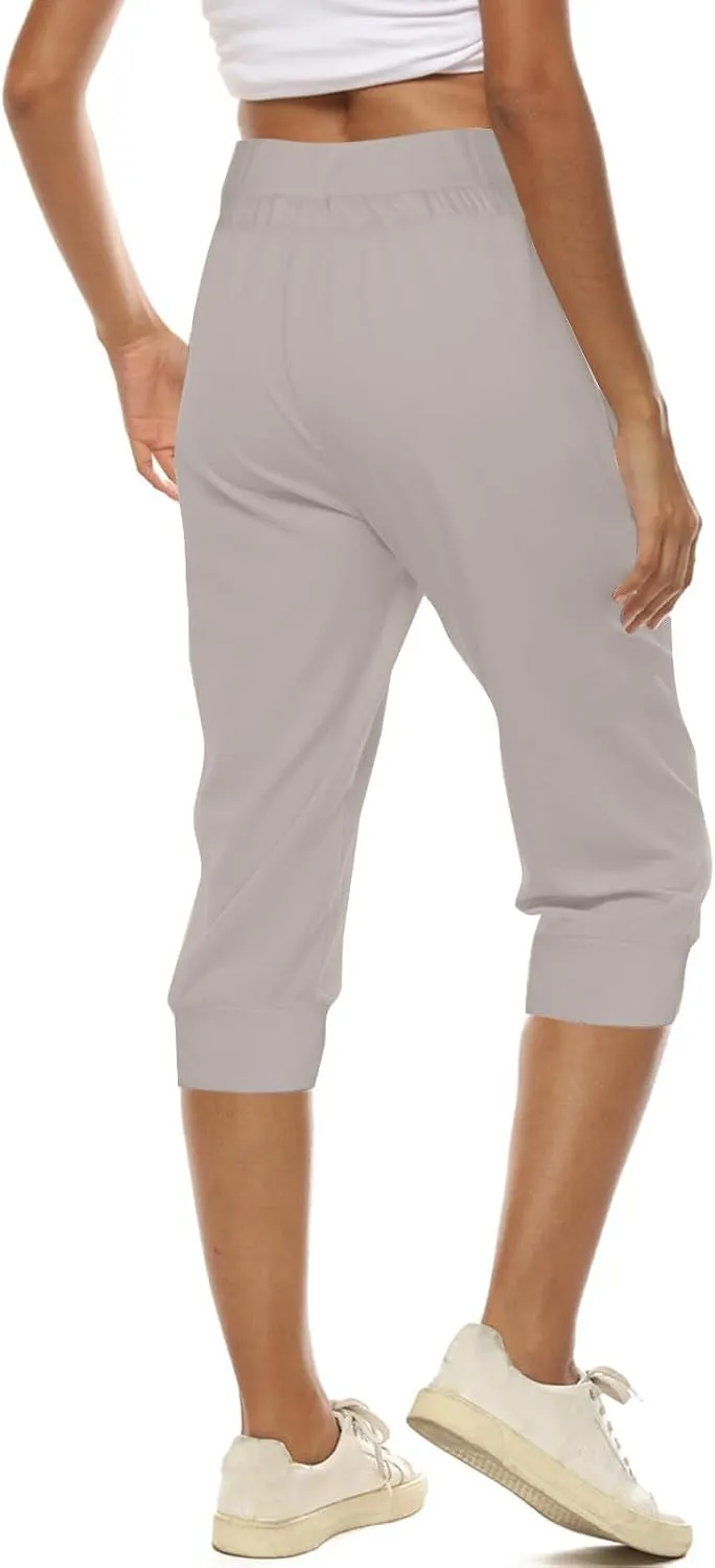Womens Capri Trousers High Waisted Drawstring Sweatpants Cropped Pants with Button Pocket Trouser 3/4 Length Bottoms