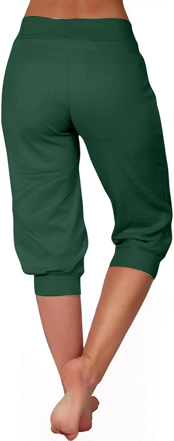 Womens Capri Trousers High Waisted Drawstring Sweatpants Cropped Pants with Button Pocket Trouser 3/4 Length Bottoms