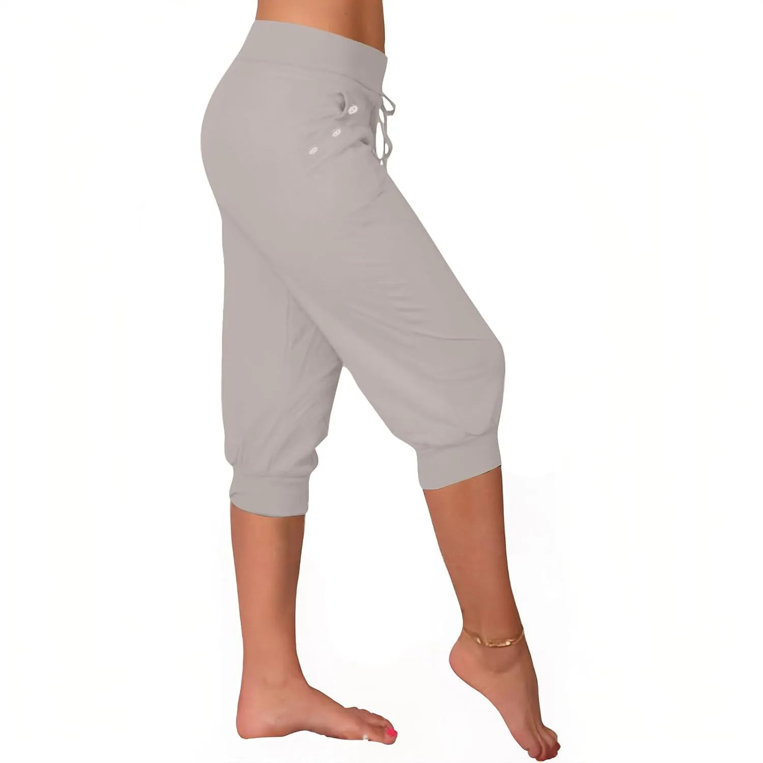 Womens Capri Trousers High Waisted Drawstring Sweatpants Cropped Pants with Button Pocket Trouser 3/4 Length Bottoms