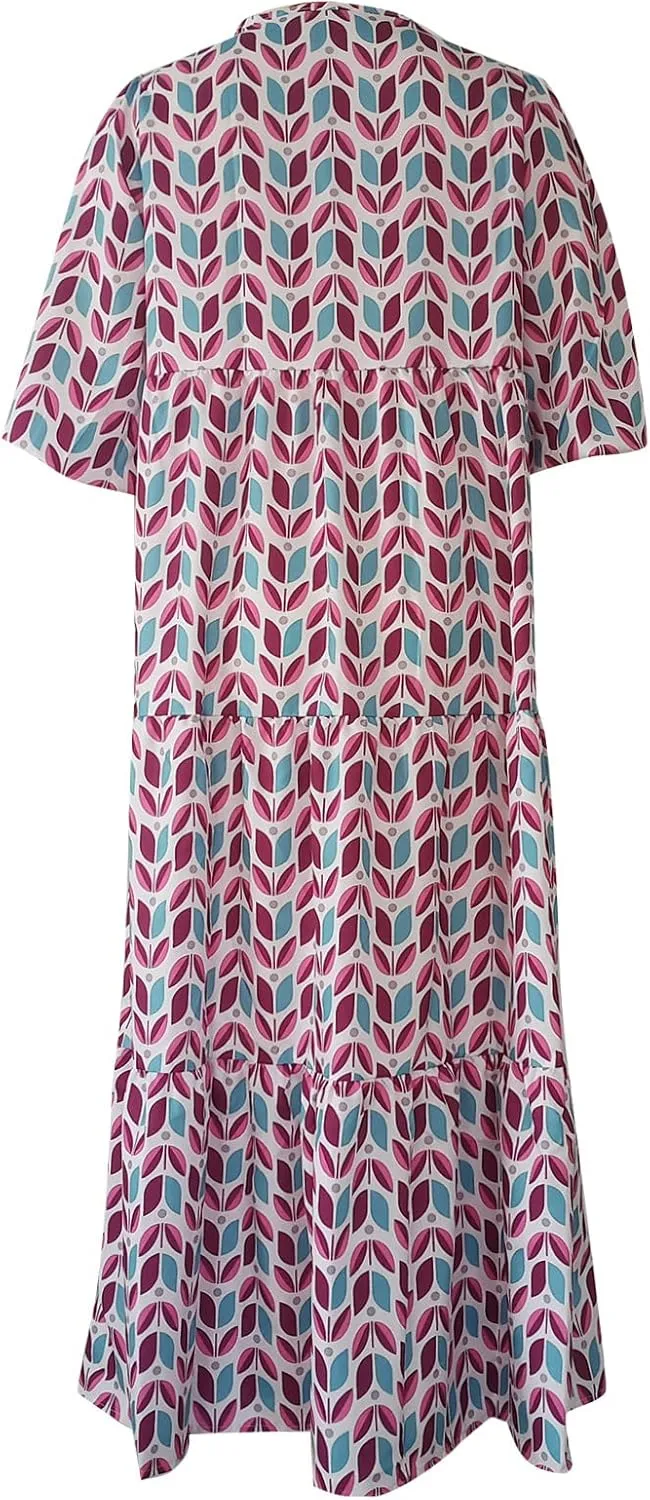 Women's Casual Dresses Loose Striped Floral Printed 2024 Swing Short Sleeve Round Maxi Dresses, S-3XL