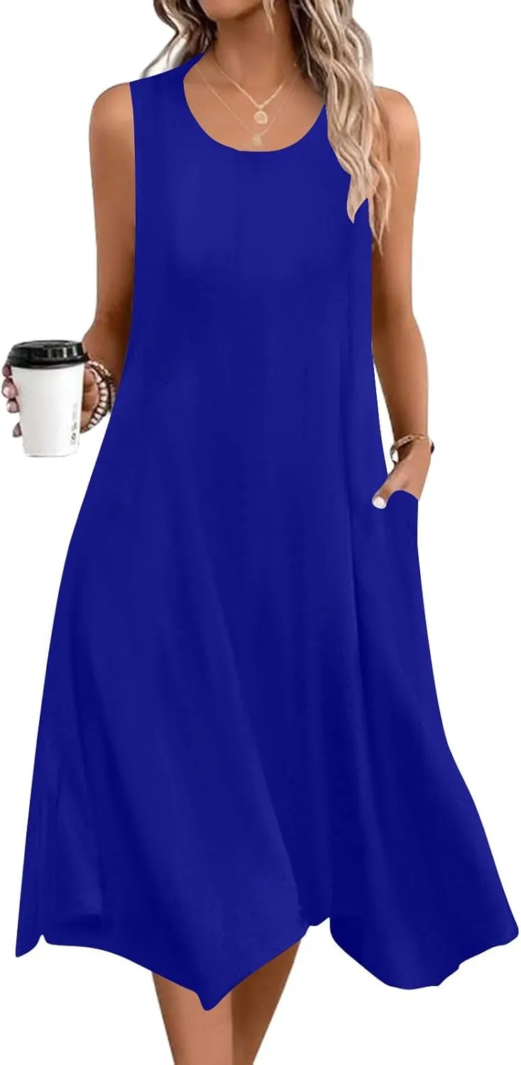 Women's Casual Summer Dress Sleeveless Loose Flowy Beach Tank Dress Hankerchief Flare Midi Sundress with Pockets