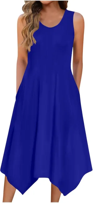 Women's Casual Summer Dress Sleeveless Loose Flowy Beach Tank Dress Hankerchief Flare Midi Sundress with Pockets