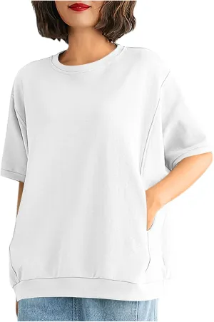 Women's Crew Neck T Shirt Oversized Casual Loose Short Sleeve Tee Summer Athletic Workout Pullover Tops with Pockets