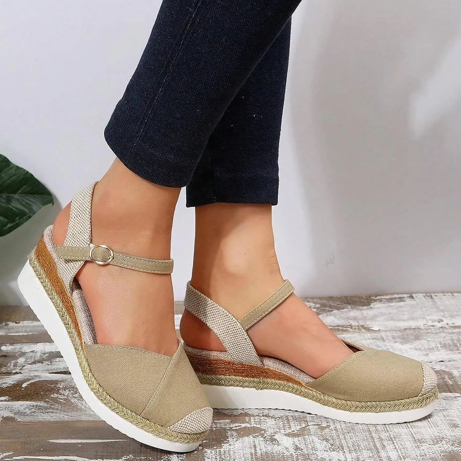 Womens Espadrilles Sandals Platform Closed Toe Ankle Strap Dressy Platform Wedge Sandals Casual Summer Beach Shoes
