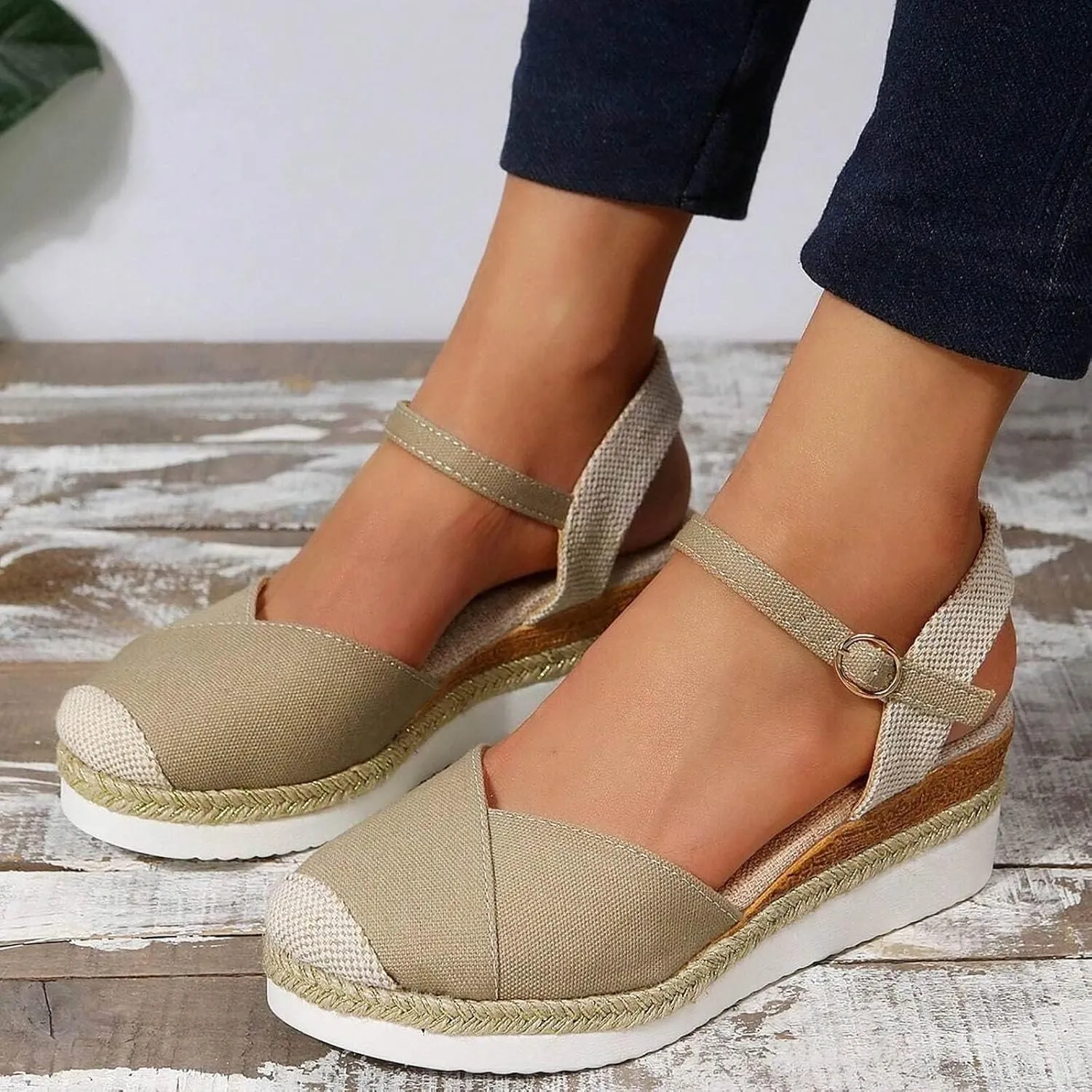 Womens Espadrilles Sandals Platform Closed Toe Ankle Strap Dressy Platform Wedge Sandals Casual Summer Beach Shoes