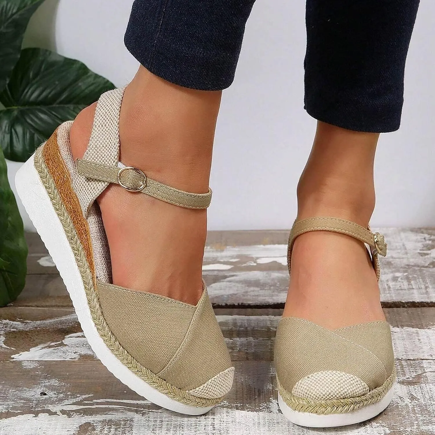 Womens Espadrilles Sandals Platform Closed Toe Ankle Strap Dressy Platform Wedge Sandals Casual Summer Beach Shoes