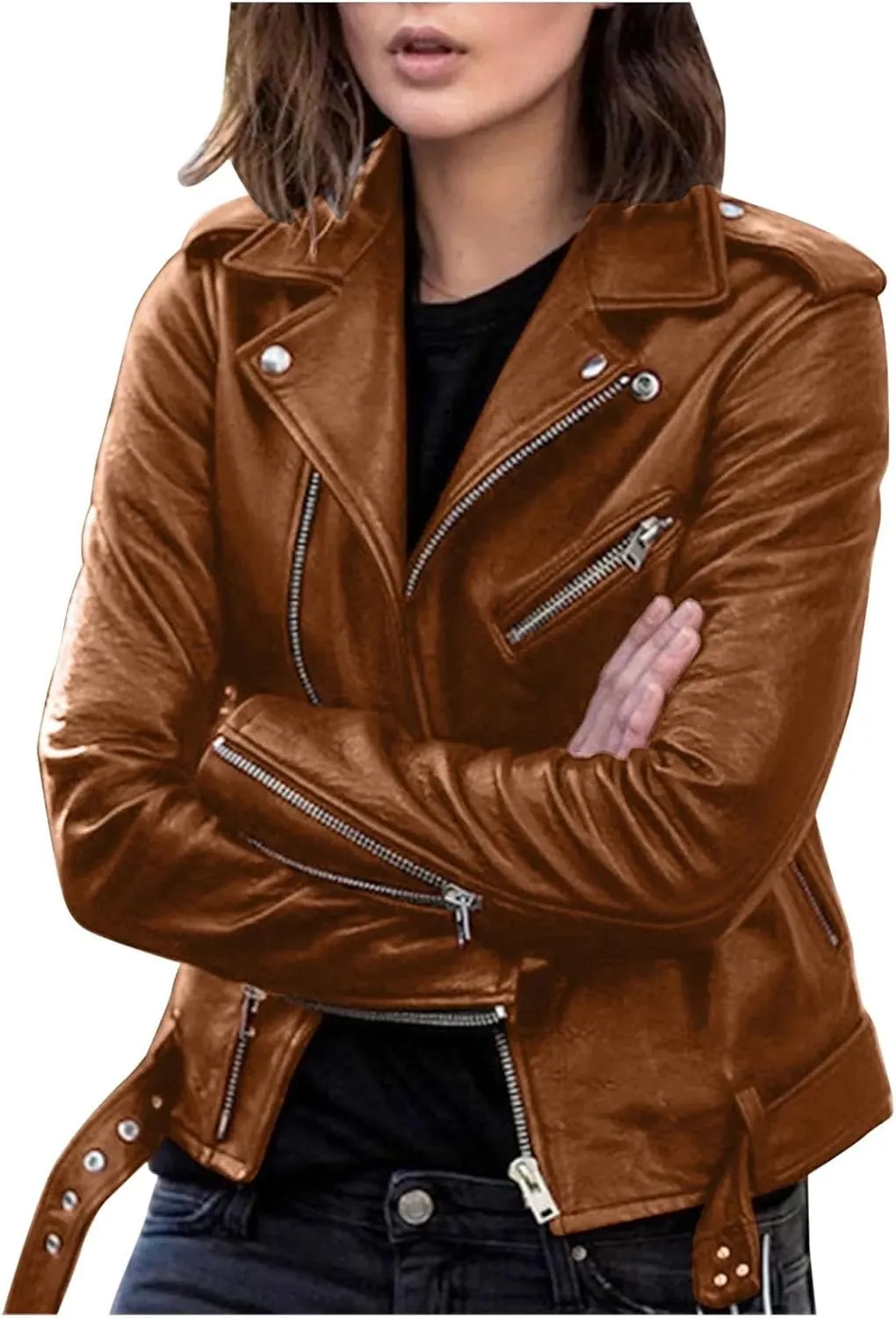Women's Faux Leather jackets Slim Fit Outerwear Women's Casual Loose Motorcycle jackets Women's Short jackets Outerwear